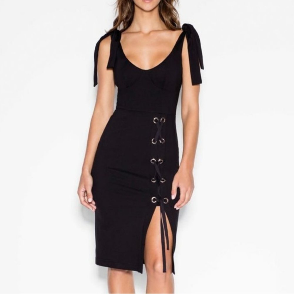 SHEIKE Black Magic Bodice Eyelet Tie Up Strap Bodycon Midi Dress